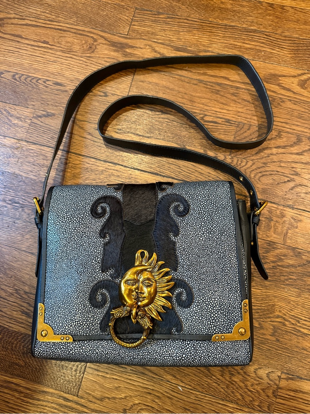 Sharif Black Leather Sun Moon Brass Calf Hair Crossbody Flap over Bag